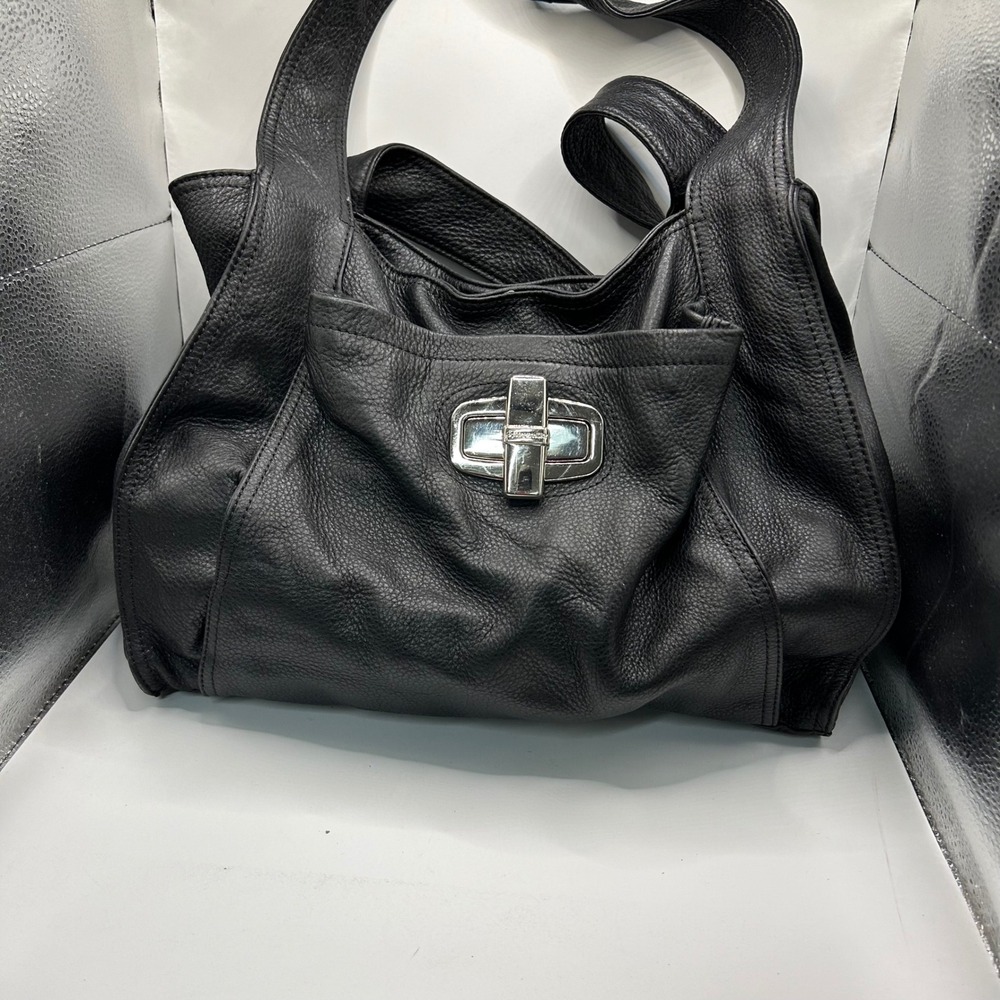 B. Makowsky Black Pebbled Leather Hobo Shoulder Bag Leopard Print Lining Silver